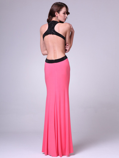 C8110 High Neck Prom Dress with Open Back - Coral, Back View Medium