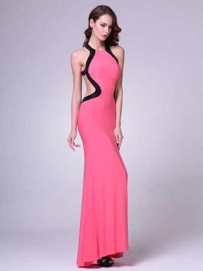 C8110 High Neck Prom Dress with Open Back - Coral, Front View Medium