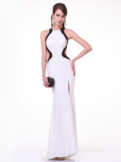 C8110 High Neck Prom Dress with Open Back - Off White, Front View Medium