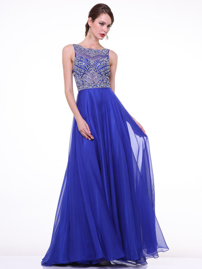 C81247 Sleeveless Embroidery Long Prom Dress - Royal, Front View Medium