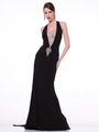 C81480 Halther Neck Evening Dress with Train - Black, Front View Thumbnail