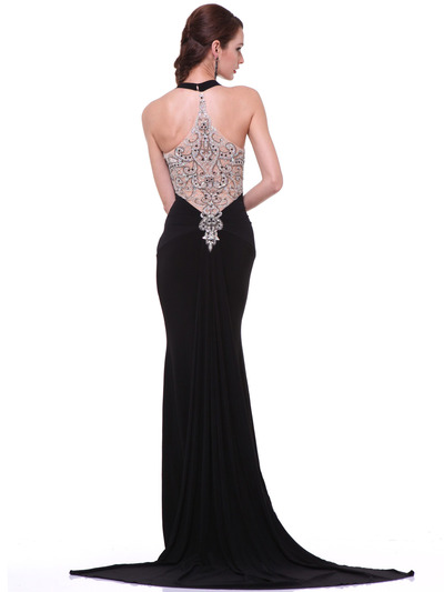 C81480 Halther Neck Evening Dress with Train - Black, Back View Medium