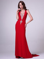 C81480 Halther Neck Evening Dress with Train - Red, Front View Thumbnail