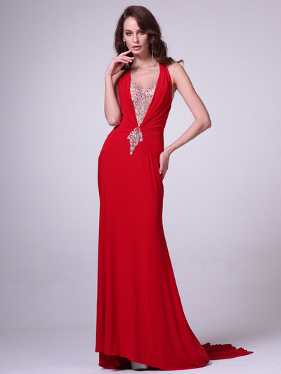 C81480 Halther Neck Evening Dress with Train - Red, Front View Medium
