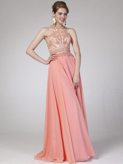 C8705 Two Piece Prom Dress - Coral, Front View Medium