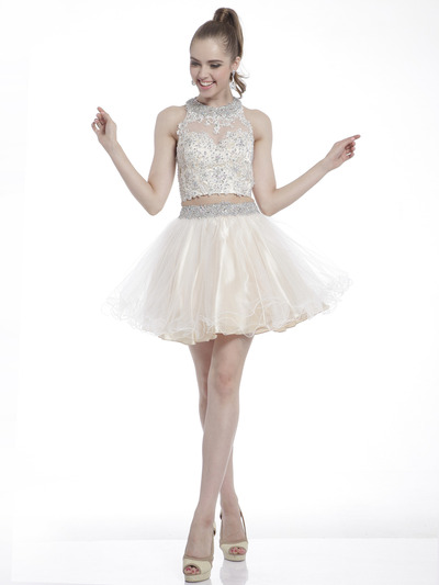 C8798 Two-Piece Embellished Homecoming Dress - Champagne, Front View Medium