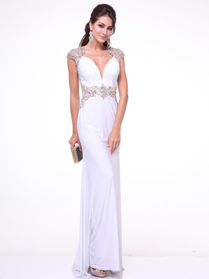 C8901 Embroidery Cap Sleeve Formal Dress with Plunging Neckline, Ivory Gold