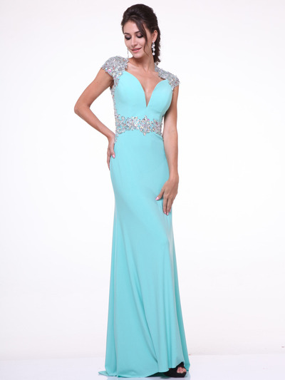 C8901 Embroidery Cap Sleeve Formal Dress with Plunging Neckline - Mint, Front View Medium