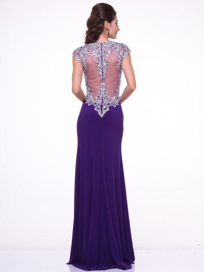 C8901 Embroidery Cap Sleeve Formal Dress with Plunging Neckline - Purple, Back View Medium