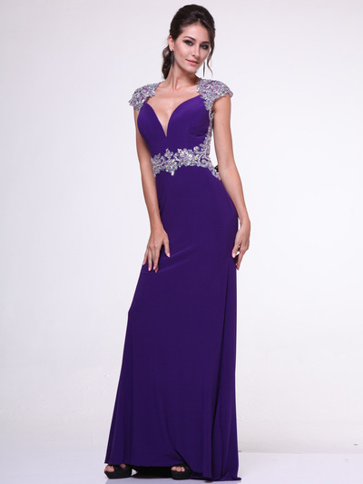 C8901 Embroidery Cap Sleeve Formal Dress with Plunging Neckline - Purple, Front View Medium