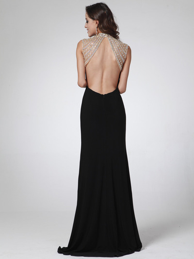 C8904 Jeweled High Neck Backless Long Prom Dress - Black, Back View Medium