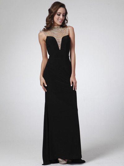 C8904 Jeweled High Neck Backless Long Prom Dress - Black, Front View Medium