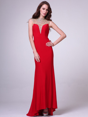 C8904 Jeweled High Neck Backless Long Prom Dress, Red