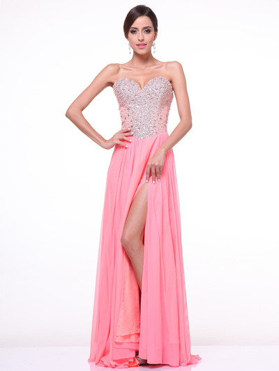 C90344 Strapless Sweetheart Evening Dress with Slit - Salmon, Front View Medium