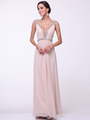 C958 Encrusted V Neck Evening Dress - Champagne, Front View Thumbnail