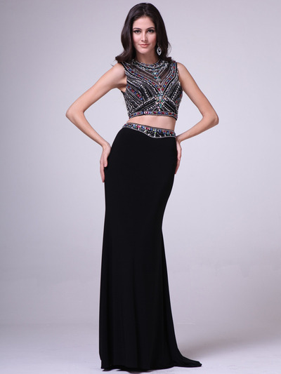 C962 Jeweled Two Pieces Prom Gown - Black, Front View Medium