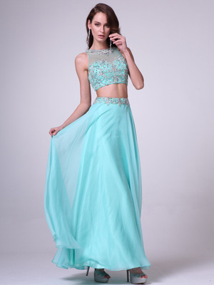 C963 Embroidery Sequin Two Pieces Prom Dress, Mint