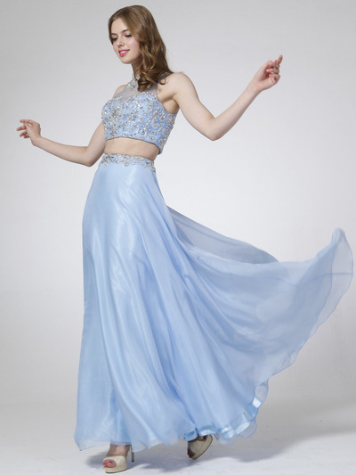 C963 Embroidery Sequin Two Pieces Prom Dress - Perry Blue, Front View Medium