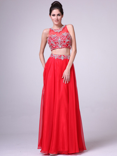 C963 Embroidery Sequin Two Pieces Prom Dress - Red, Front View Medium