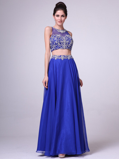 C963 Embroidery Sequin Two Pieces Prom Dress - Royal Blue, Front View Medium