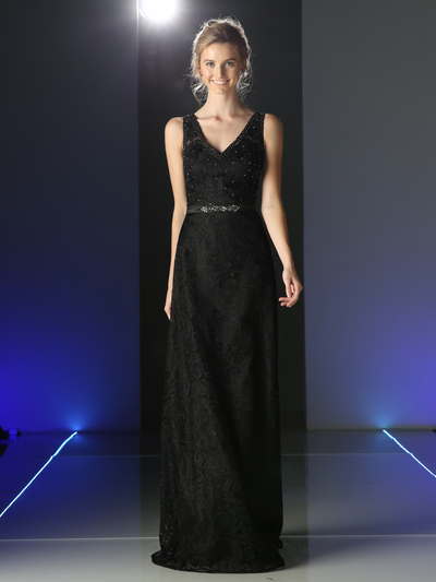 CD-1420 Sleeveless V Neck Lace Prom Evening Dress - Black, Front View Medium