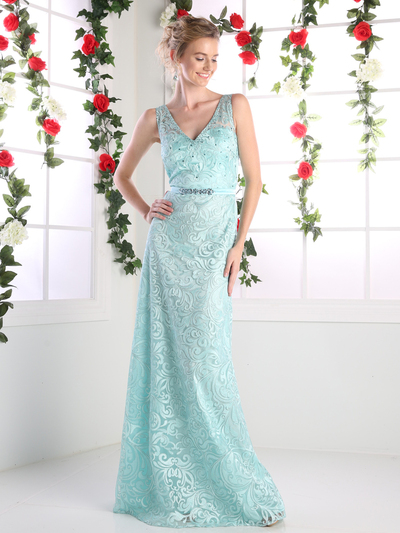 CD-1420 Sleeveless V Neck Lace Prom Evening Dress - Mint, Front View Medium