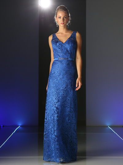 CD-1420 Sleeveless V Neck Lace Prom Evening Dress - Royal, Front View Medium