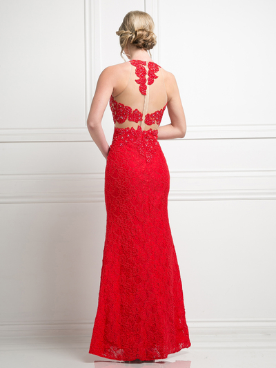 CD-1586 Mock Two Piece Lace Prom Evening Dress - Red, Back View Medium