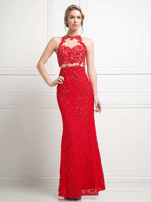 CD-1586 Mock Two Piece Lace Prom Evening Dress, Red