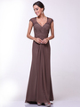 CD-1941 Cap Sleeves Floor Length Evening Dress with Sheer Back - Brown, Front View Thumbnail