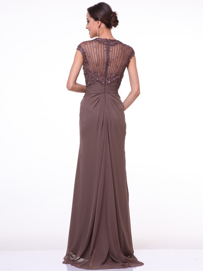 CD-1941 Cap Sleeves Floor Length Evening Dress with Sheer Back - Brown, Back View Medium