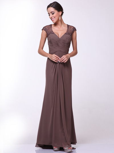 CD-1941 Cap Sleeves Floor Length Evening Dress with Sheer Back - Brown, Front View Medium