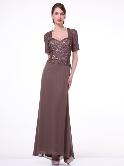 CD-1942 Short Sleeves Beaded Chiffon Mother of the Bride Dress - Brown, Front View Medium