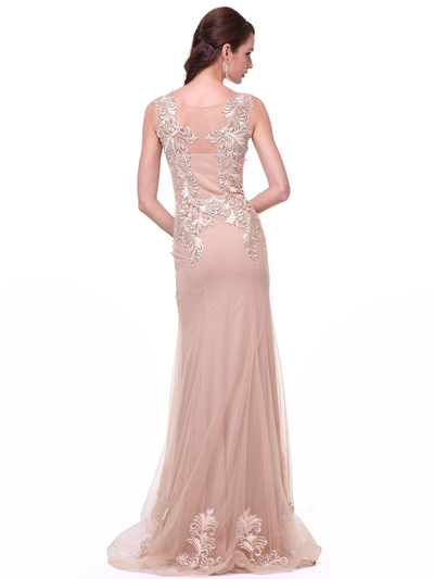 CD-44 Sheer Lace Applique Formal Dress - Champagne, Back View Medium