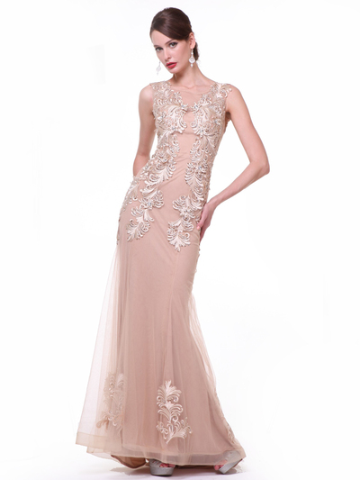 CD-44 Sheer Lace Applique Formal Dress - Champagne, Front View Medium