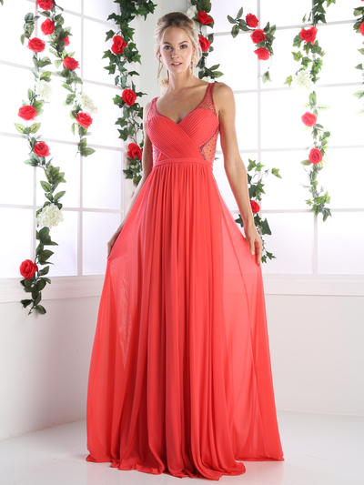 CD-5061 Sheer Beaded Strap Evening Dress  - Coral, Front View Medium