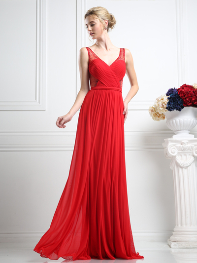 CD-5061 Sheer Beaded Strap Evening Dress  - Red, Front View Medium