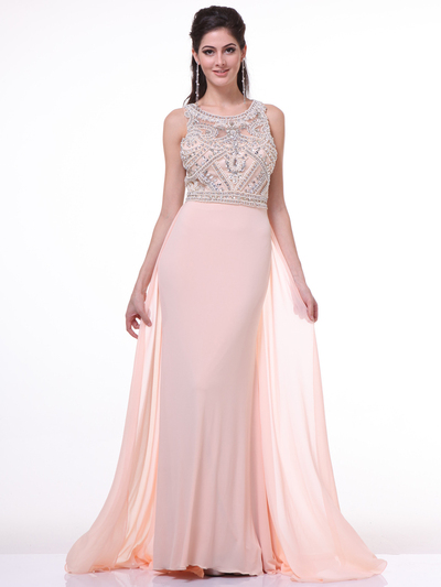 CD-52 Jeweled Bodice Evening Dress with Train - Peach, Front View Medium