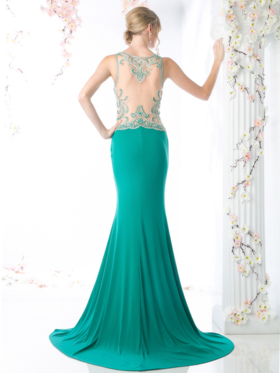 CD-60960 Illusion Beaded Mermaid Evening Dress - Green, Back View Medium