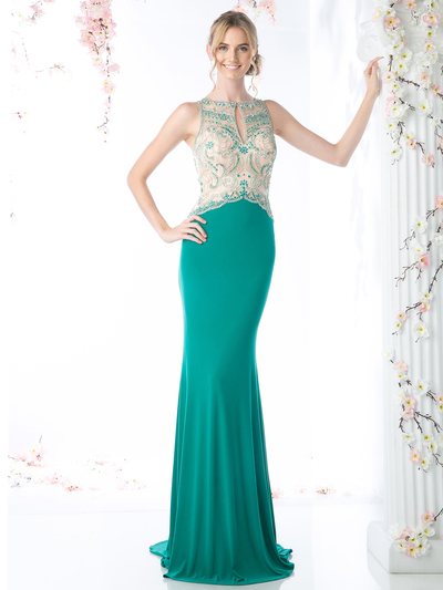 CD-60960 Illusion Beaded Mermaid Evening Dress - Green, Front View Medium