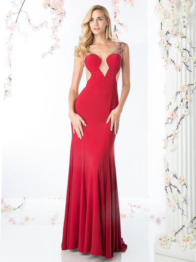CD-70107 Sleeveless Illusion Embellished Back Evening Dress  - Red, Front View Medium