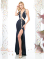 CD-70402 Mock Two Piece Evening Dress with Beaded Trim - Navy, Front View Thumbnail