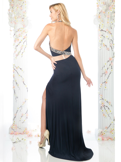CD-70402 Mock Two Piece Evening Dress with Beaded Trim - Navy, Back View Medium