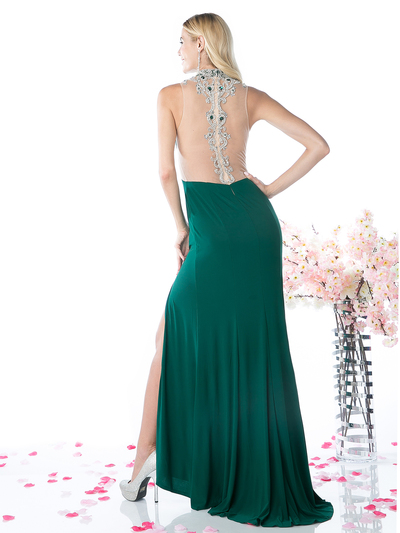 CD-70429 Illusion High Neck Evening Dress with Sheer Back - Green, Back View Medium