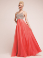 CD-7910 Embellished V-Neck Chiffon Evening Gown  - Coral, Front View Thumbnail