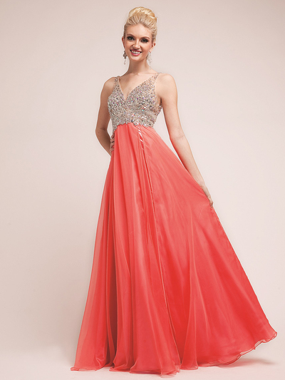 CD-7910 Embellished V-Neck Chiffon Evening Gown  - Coral, Front View Medium