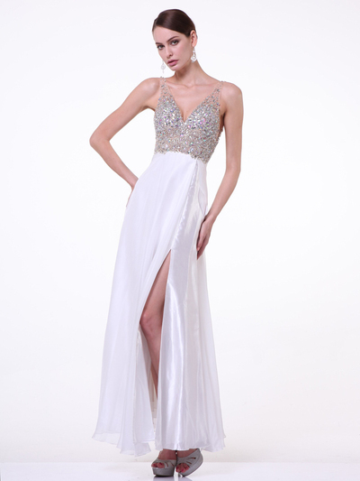 CD-7910 Embellished V-Neck Chiffon Evening Gown  - Off White, Front View Medium