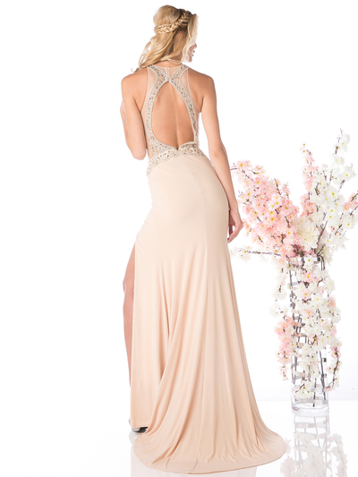 CD-82409 High Neck Sheer Prom Evening Dress - Nude, Back View Medium