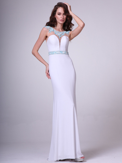 CD-8746 Sleeveless Illusion  Embellished Evening Dress - White, Front View Medium