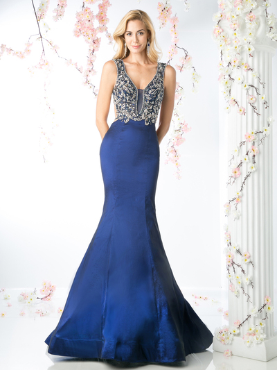 CD-8788 Trumpet Gown with Sparkle Detailing - Blue, Front View Medium